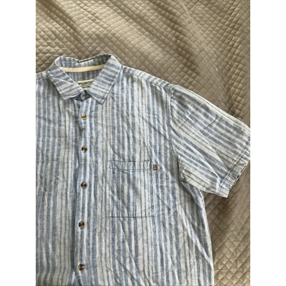 Purnell Button Up Shirt Mens Large Blue Short Sleeve Striped Linen Blend